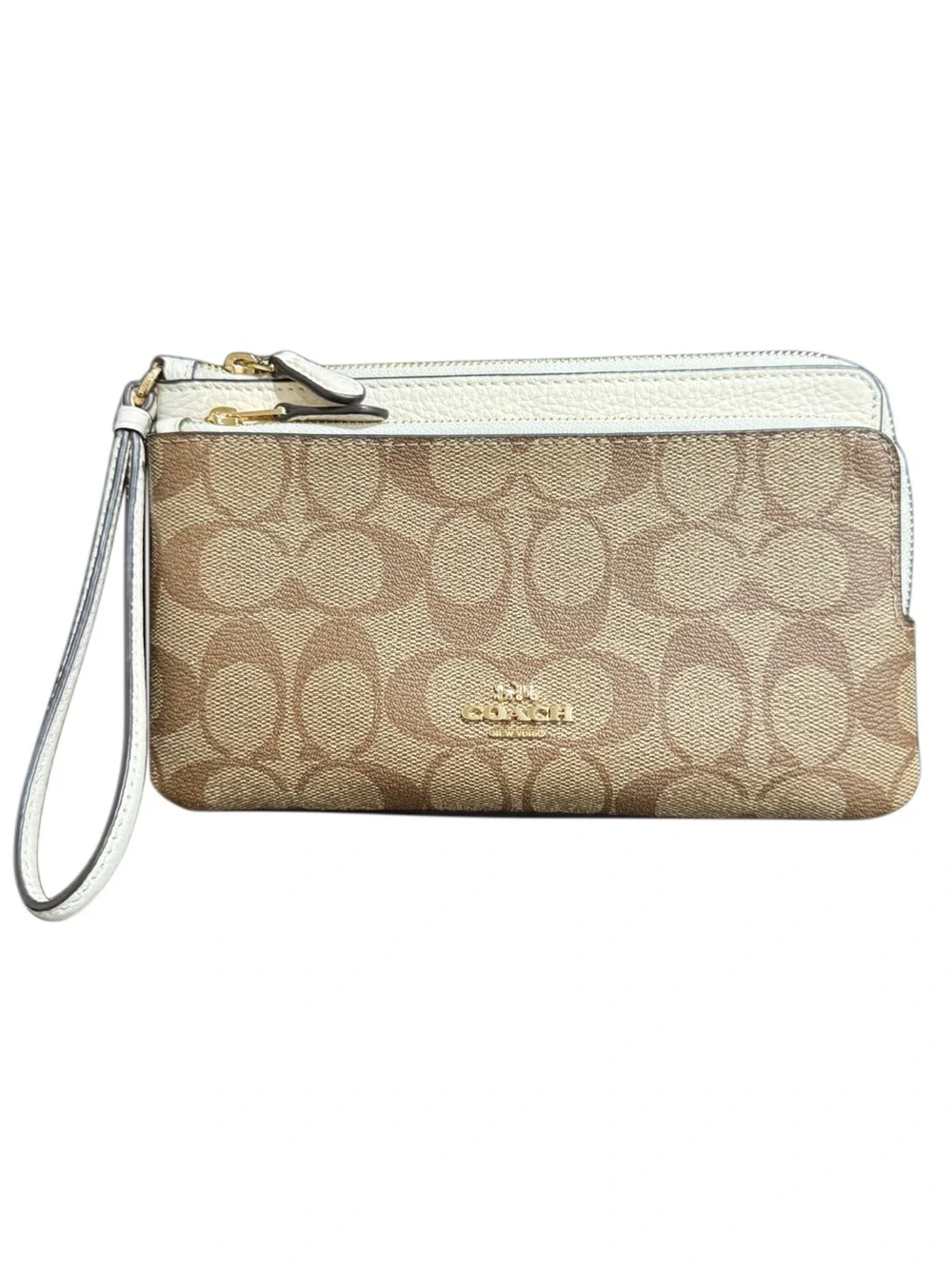 Coach C5576 Signature Canvas Double Zip Wallet Wristlet Brown Pebble Leather